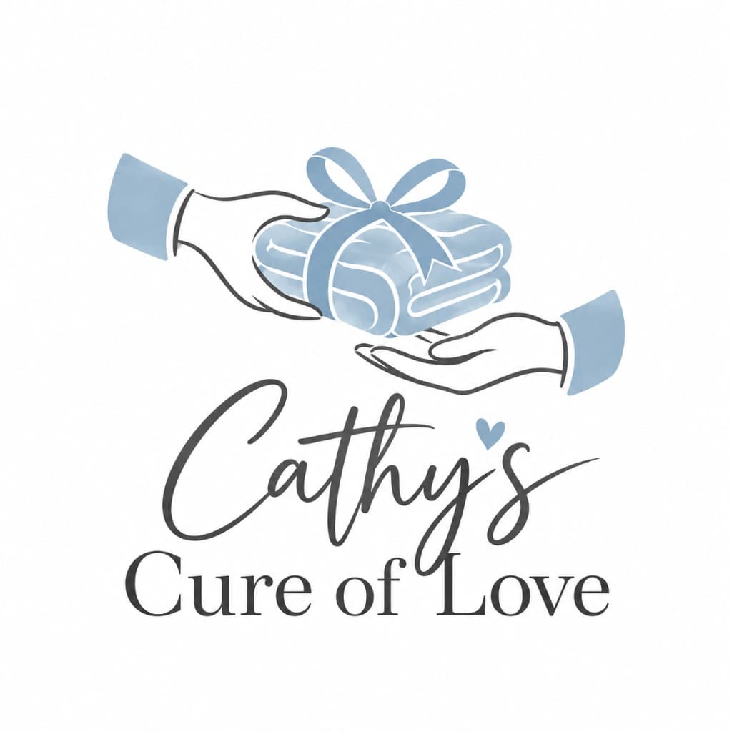 Cathy's Cure of Love. Two hands exchanging a folded blue blanket tied with a bow.